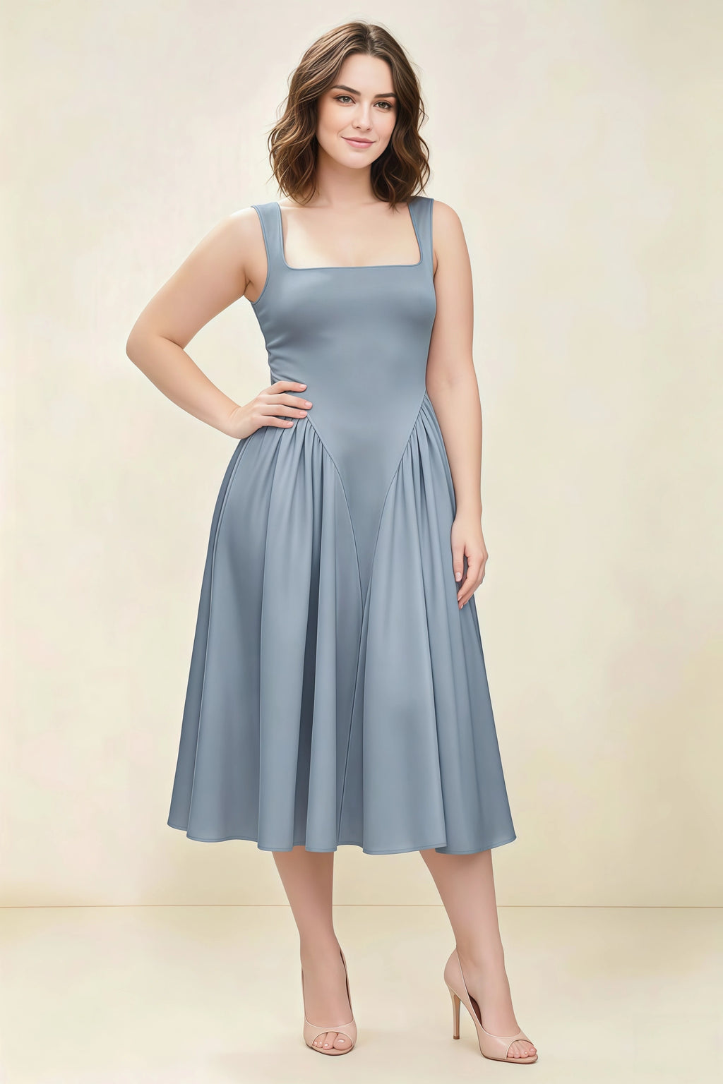 Anabelle Dusty Blue Sleeveless Square Neck Midi Dress