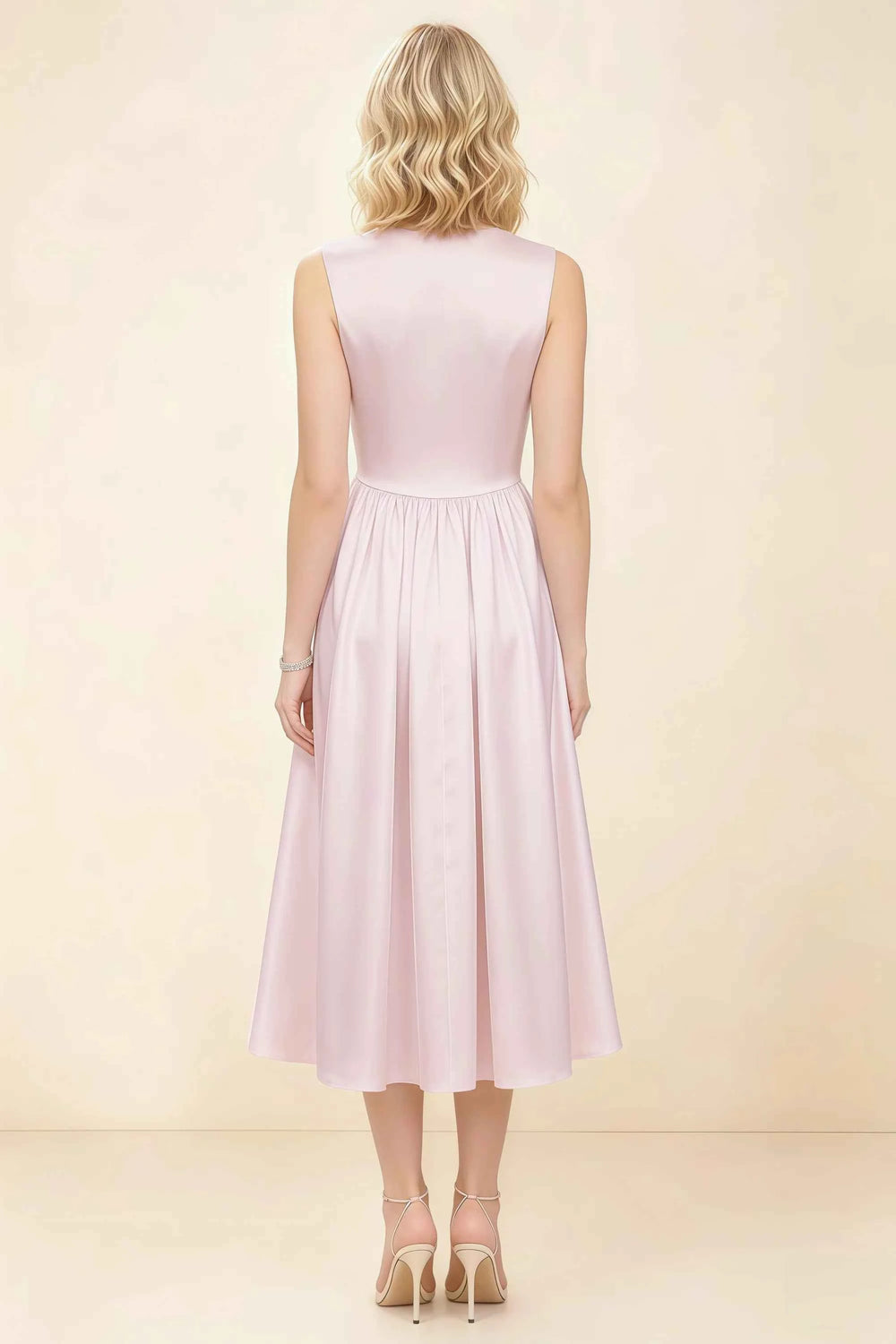 Translation missing: en.Back view of the LVLVS Anabelle dusty rose midi dress, showing the covered back, fitted waist and gathered midi skirt. content.product_image_secondary