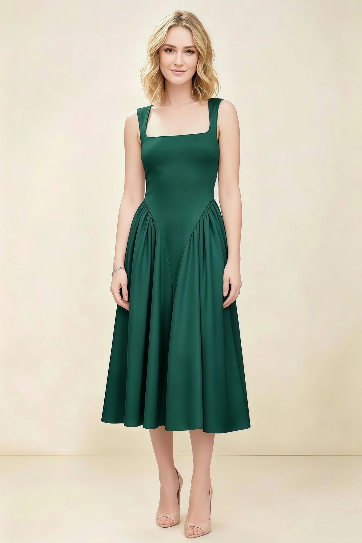 Anabelle Emerald Green Sleeveless Square Neck Midi Dress