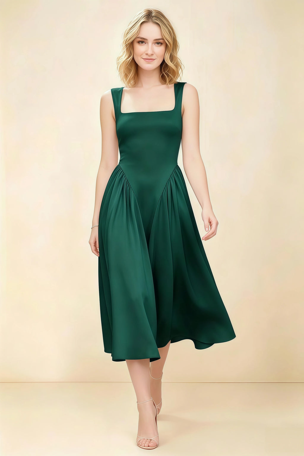 Anabelle Emerald Green Sleeveless Square Neck Midi Dress