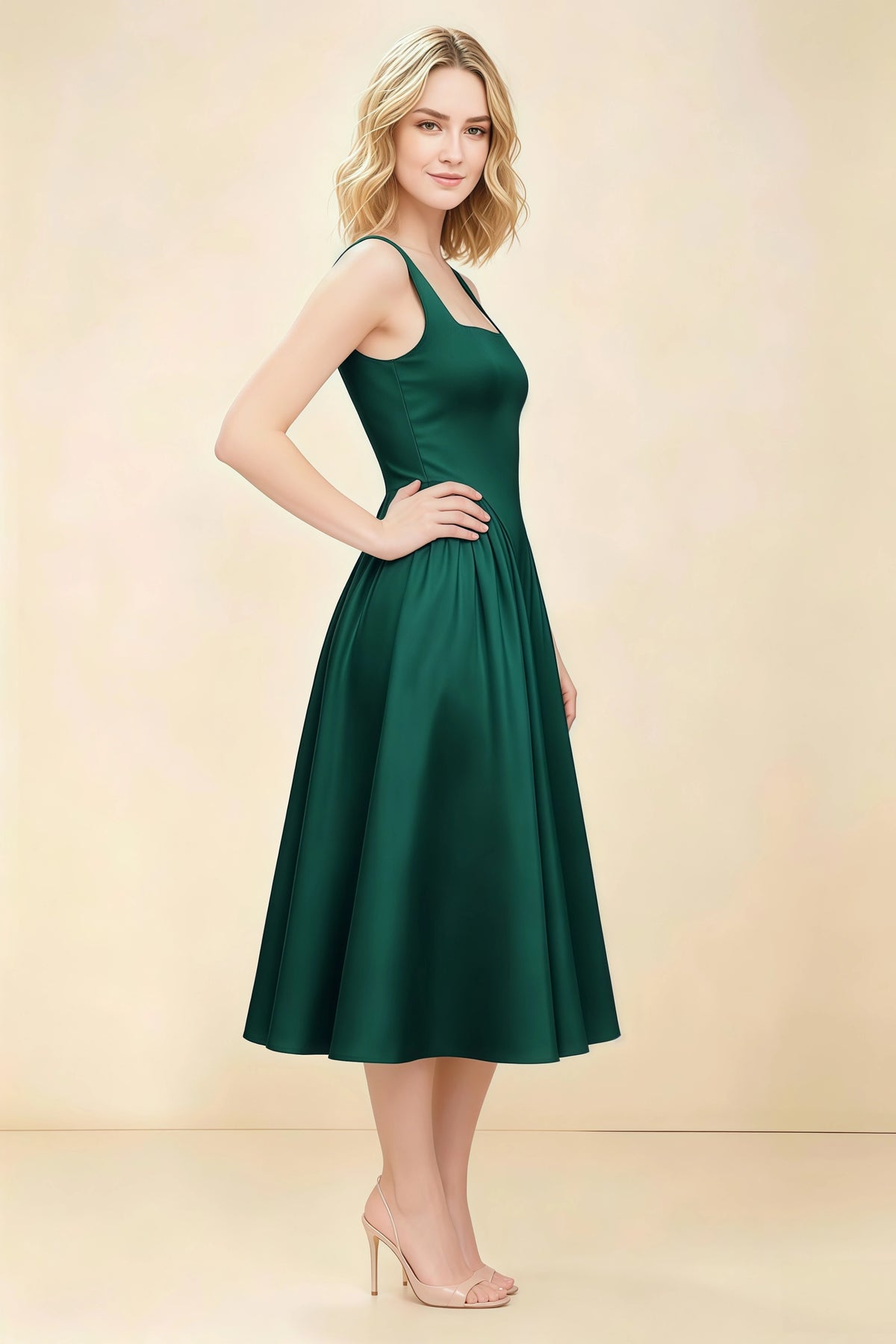 Anabelle Emerald Green Sleeveless Square Neck Midi Dress