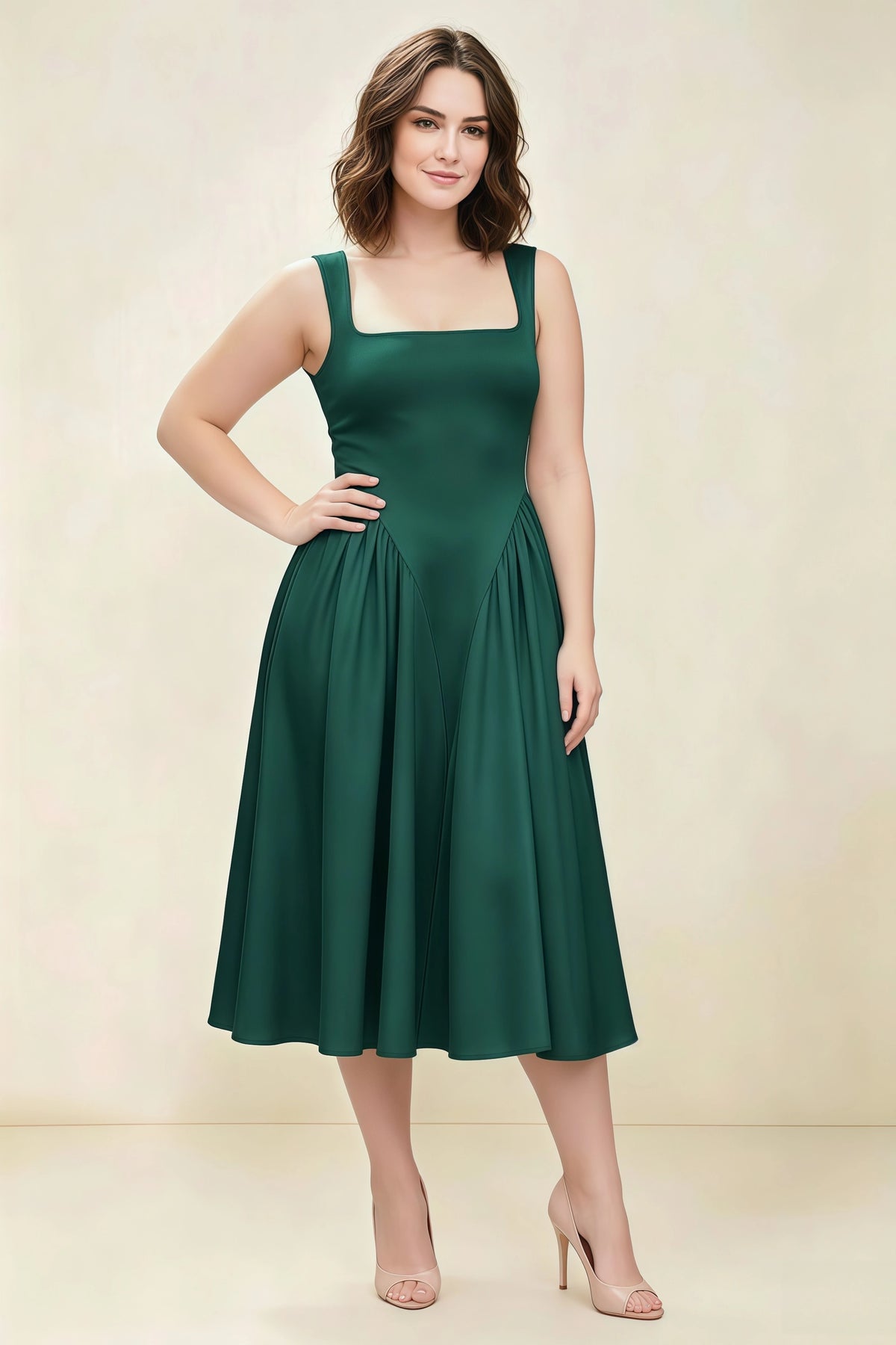 Anabelle Emerald Green Sleeveless Square Neck Midi Dress