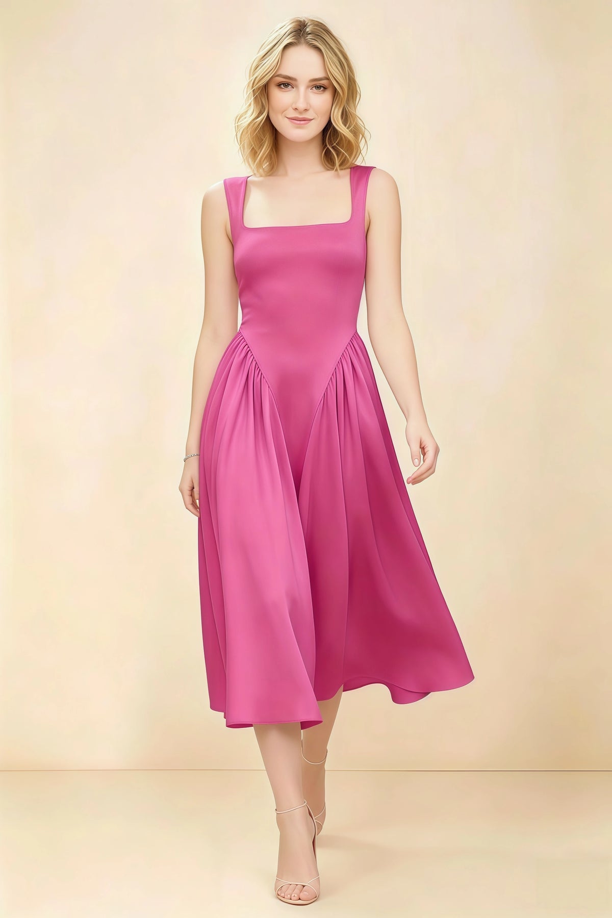 Anabelle Fuchsia Sleeveless Square Neck Midi Dress