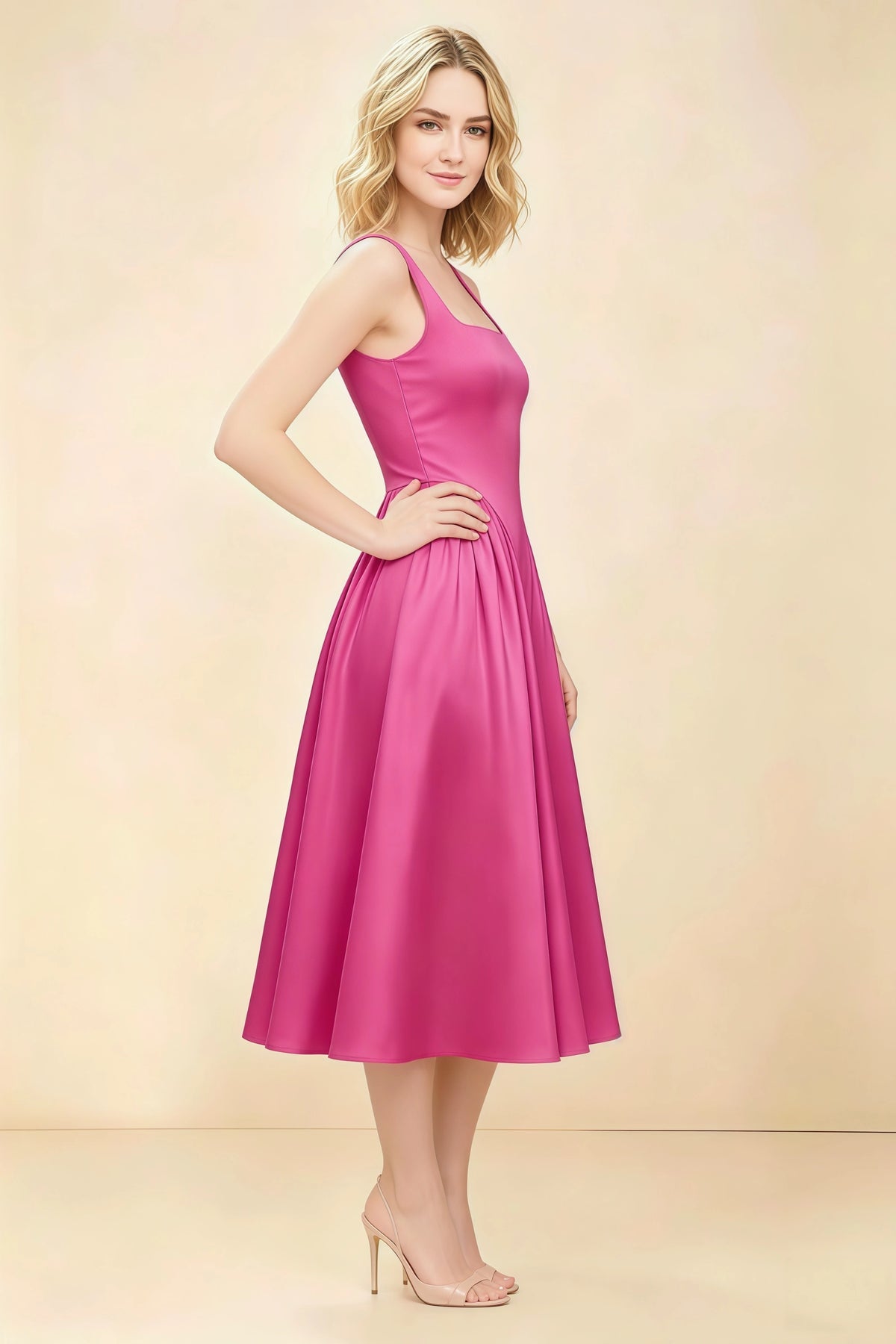 Anabelle Fuchsia Sleeveless Square Neck Midi Dress
