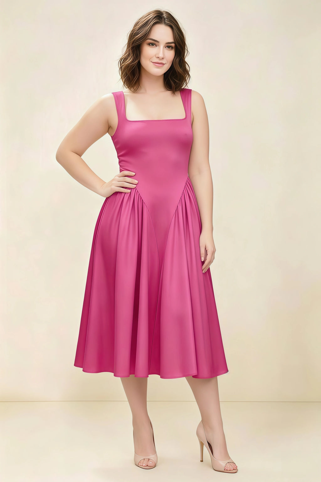 Anabelle Fuchsia Sleeveless Square Neck Midi Dress