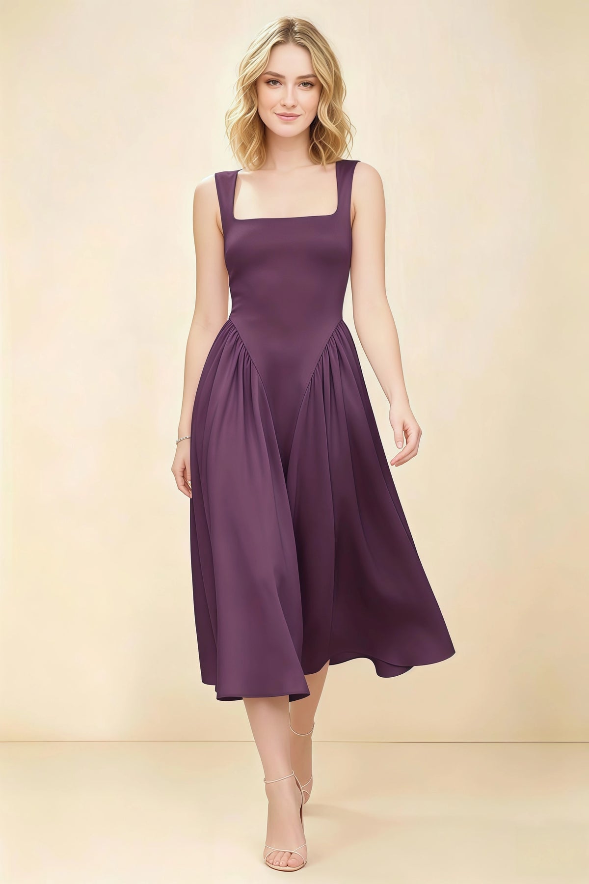 Anabelle Grape Sleeveless Square Neck Midi Dress