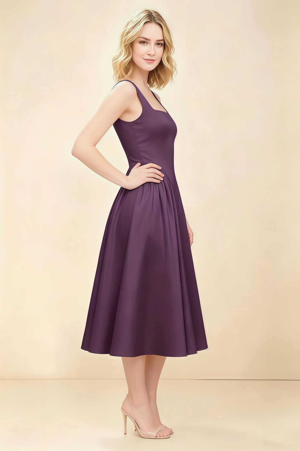 Anabelle Grape Sleeveless Square Neck Midi Dress