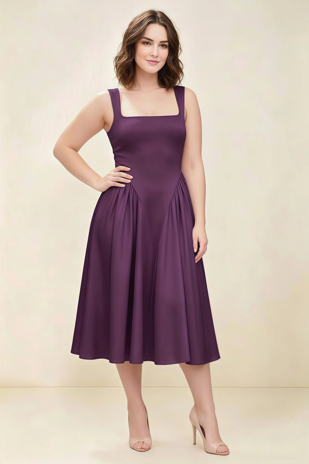 Anabelle Grape Sleeveless Square Neck Midi Dress