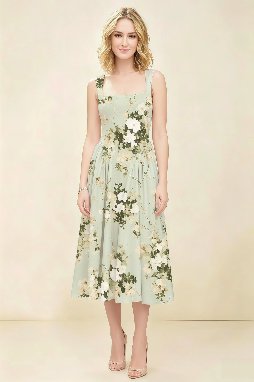Anabelle Green Floral Sleeveless Square Neck Midi Dress