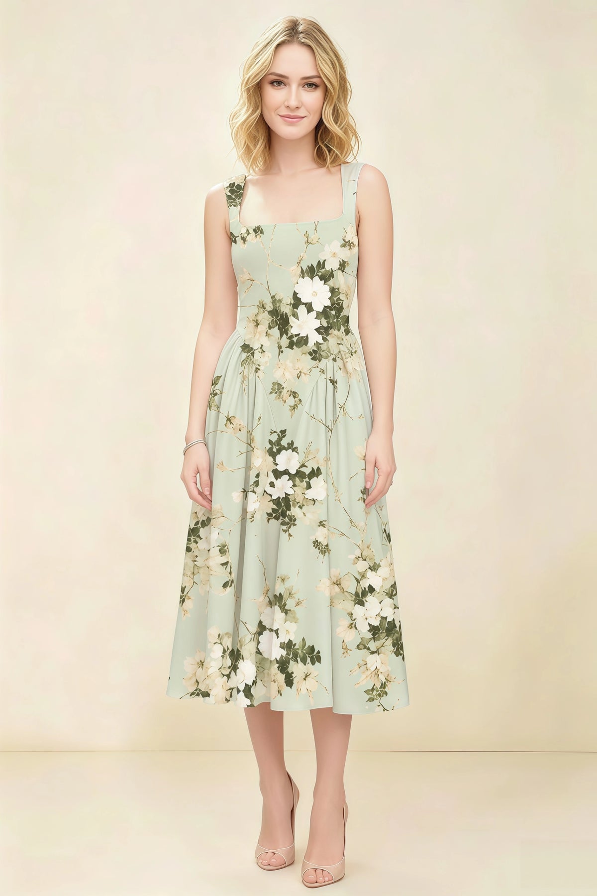 Anabelle Green Floral Sleeveless Square Neck Midi Dress