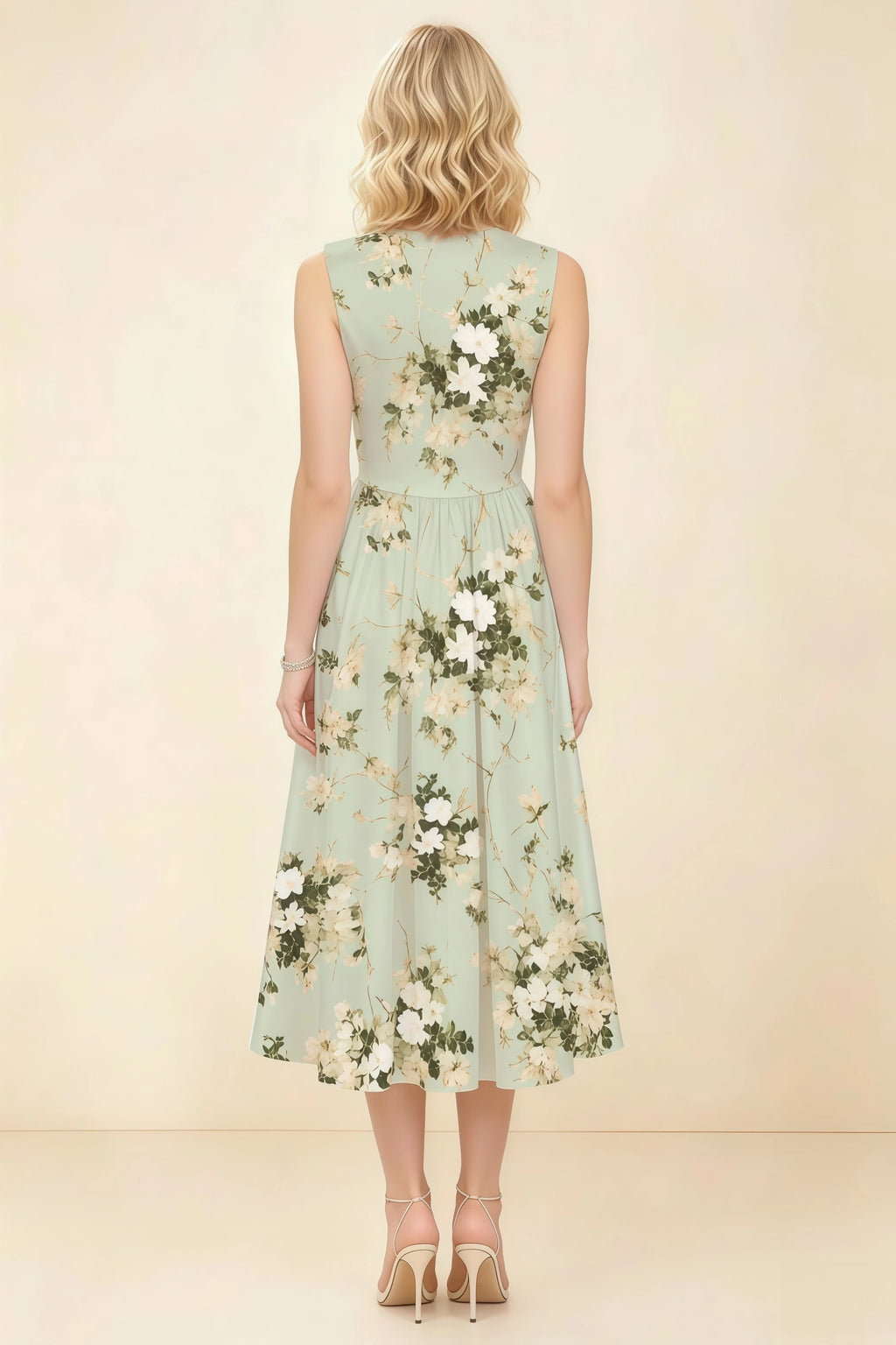 Anabelle Green Floral Sleeveless Square Neck Midi Dress