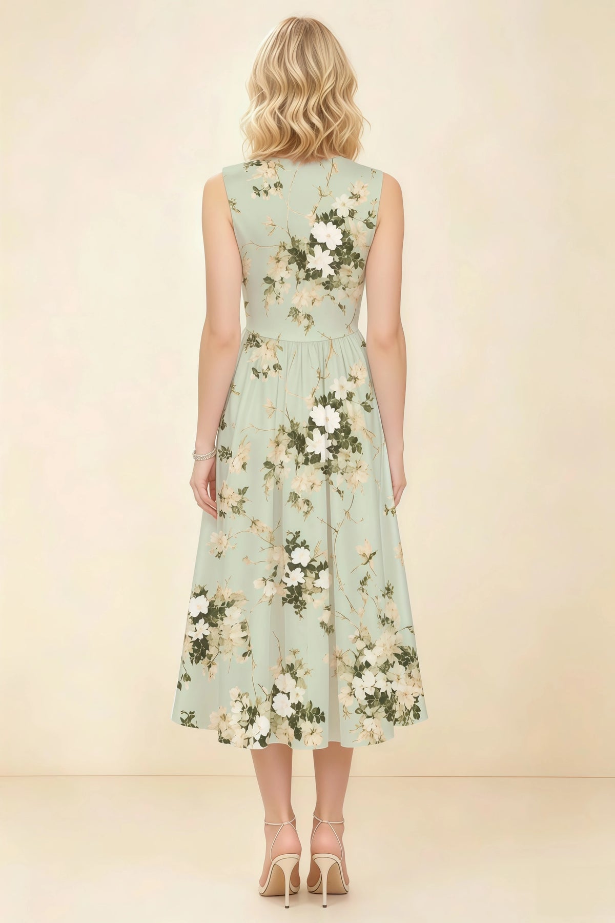 Anabelle Green Floral Sleeveless Square Neck Midi Dress