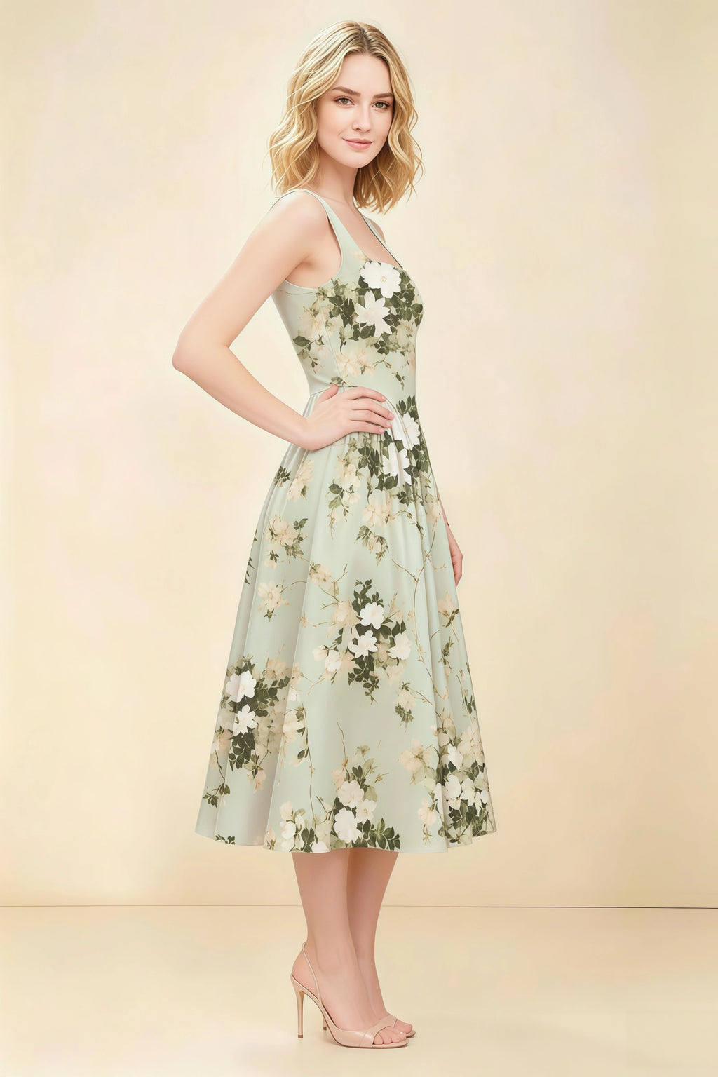 Anabelle Green Floral Sleeveless Square Neck Midi Dress
