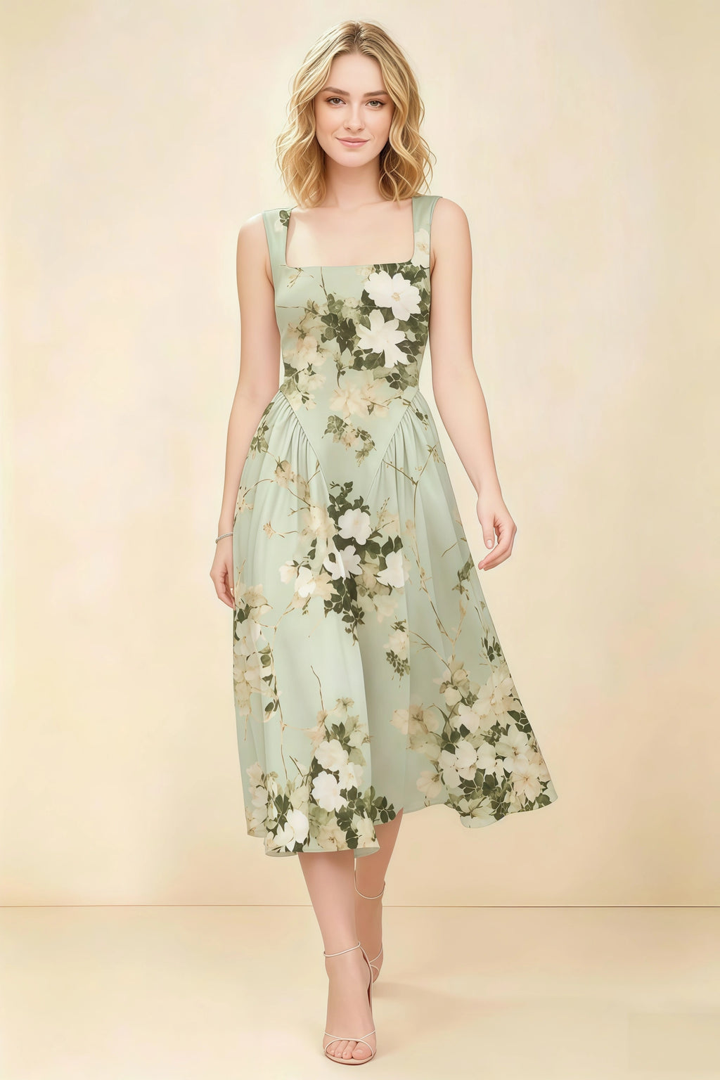 Anabelle Green Floral Sleeveless Square Neck Midi Dress