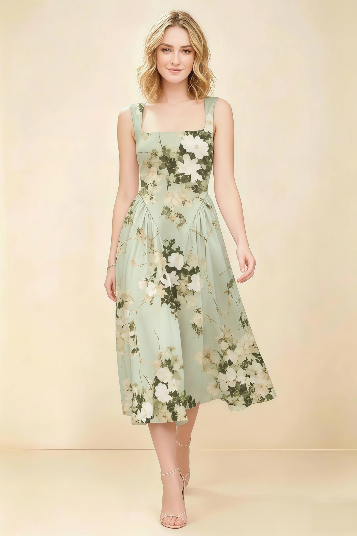 Anabelle Green Floral Sleeveless Square Neck Midi Dress