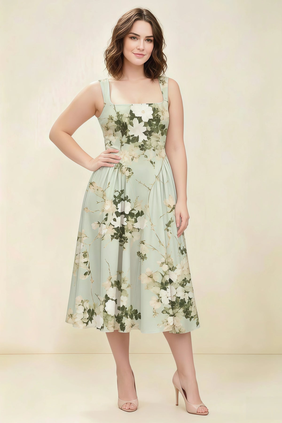 Anabelle Green Floral Sleeveless Square Neck Midi Dress