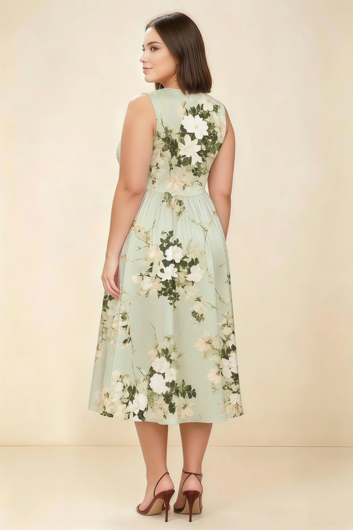 Anabelle Green Floral Sleeveless Square Neck Midi Dress