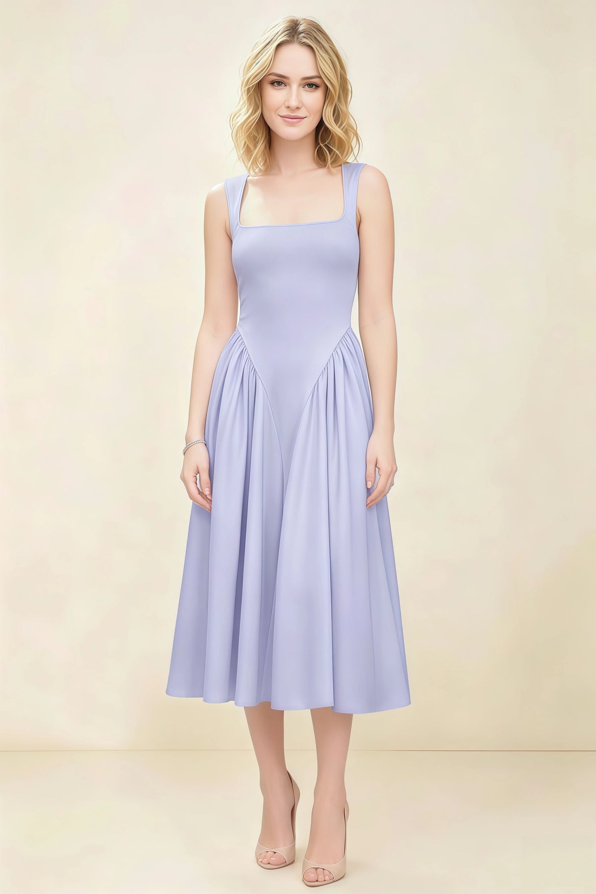 Anabelle Lavender Sleeveless Square Neck Midi Dress