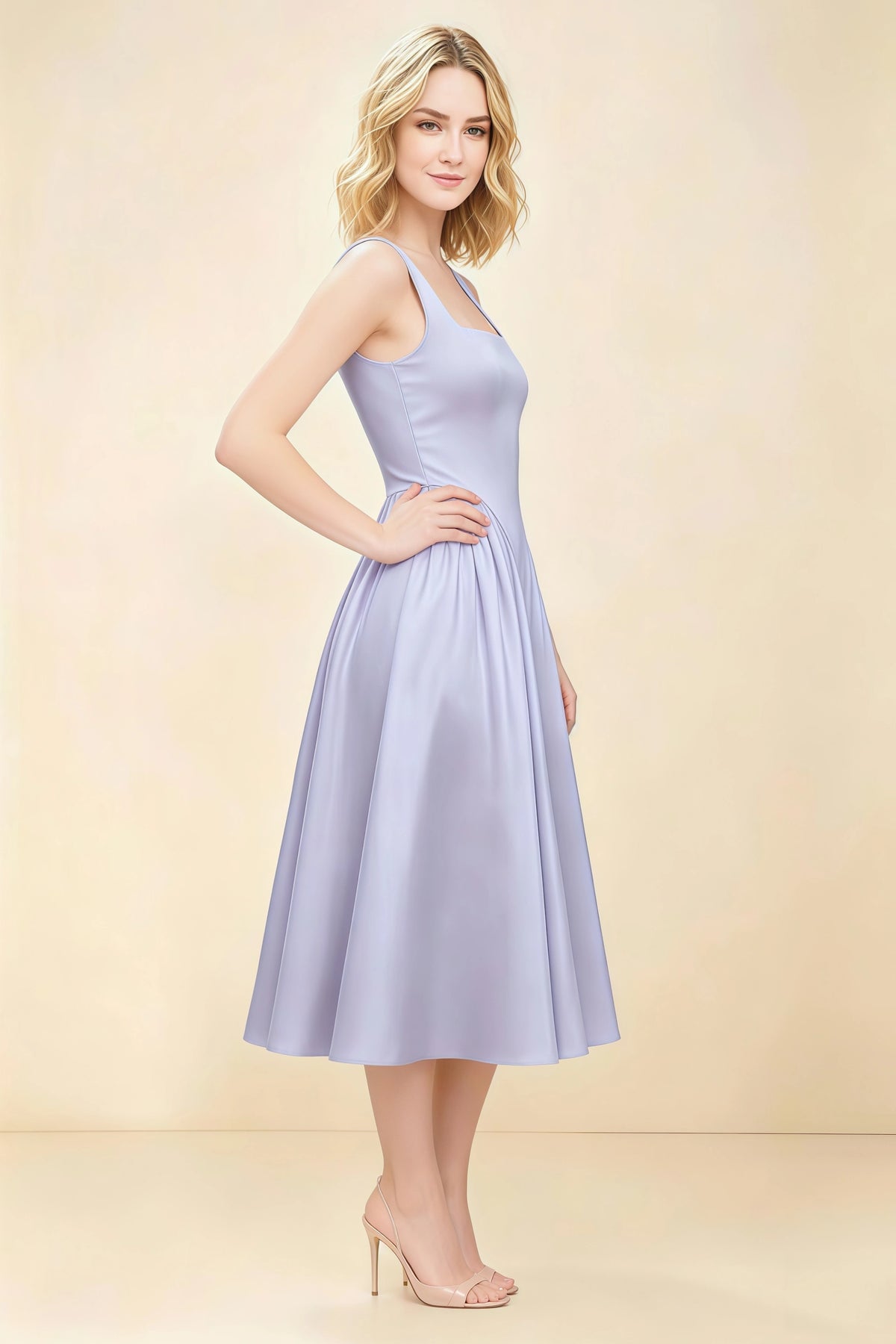 Anabelle Lavender Sleeveless Square Neck Midi Dress