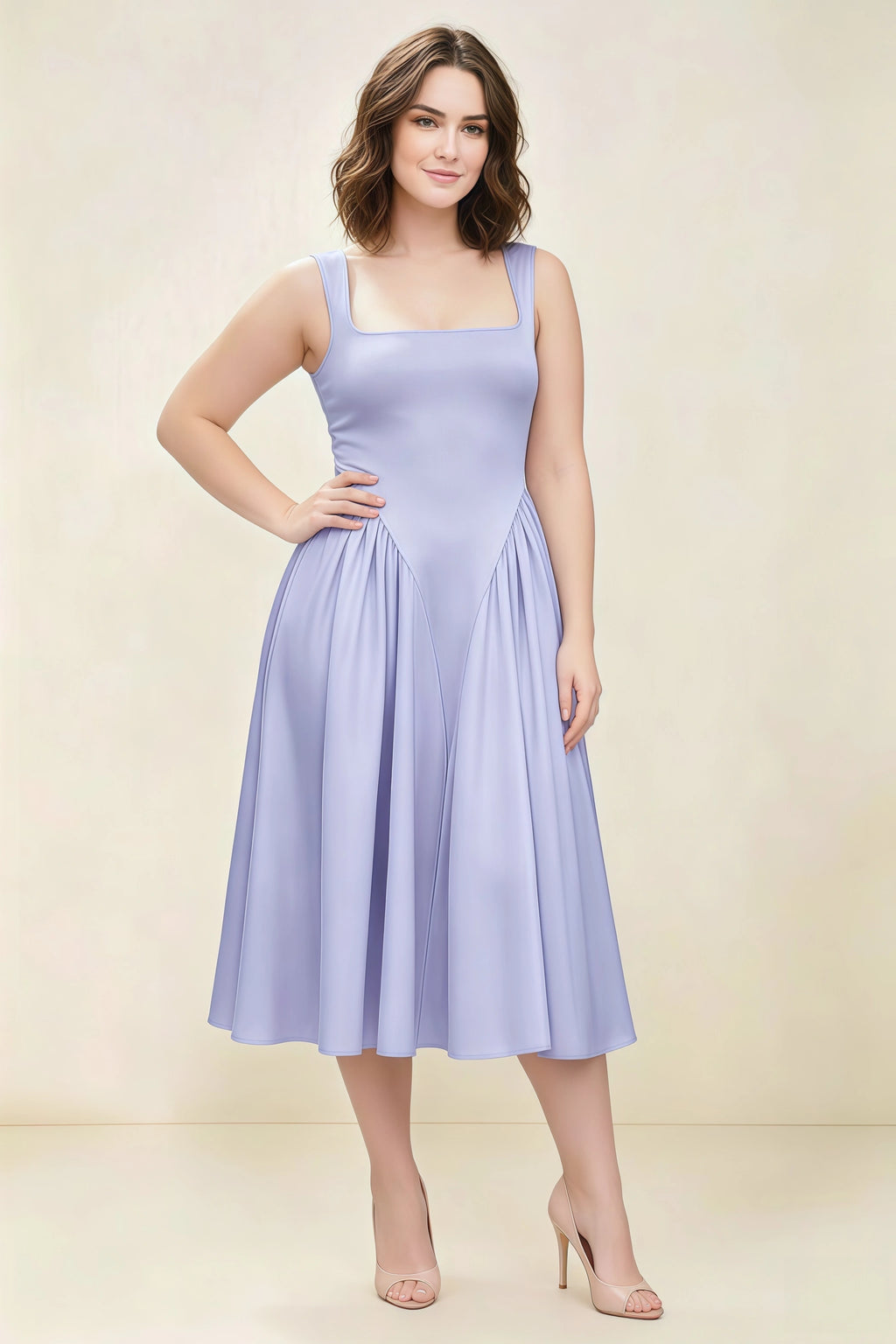 Anabelle Lavender Sleeveless Square Neck Midi Dress