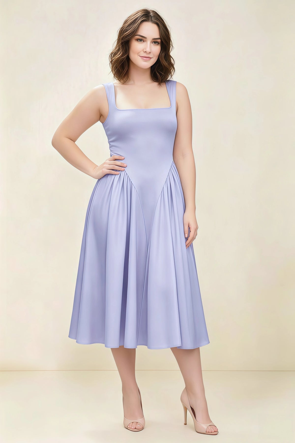 Anabelle Lavender Sleeveless Square Neck Midi Dress