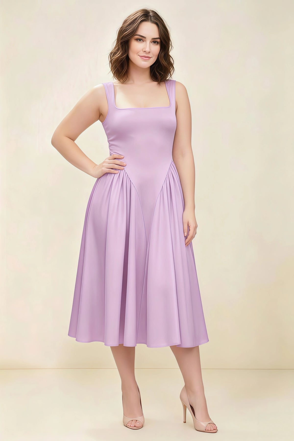 Anabelle Lilac Sleeveless Square Neck Midi Dress