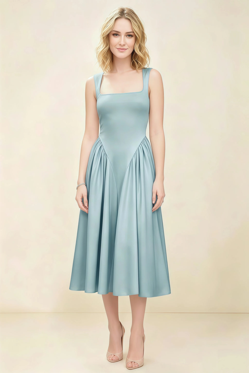 Anabelle Mist Sleeveless Square Neck Midi Dress