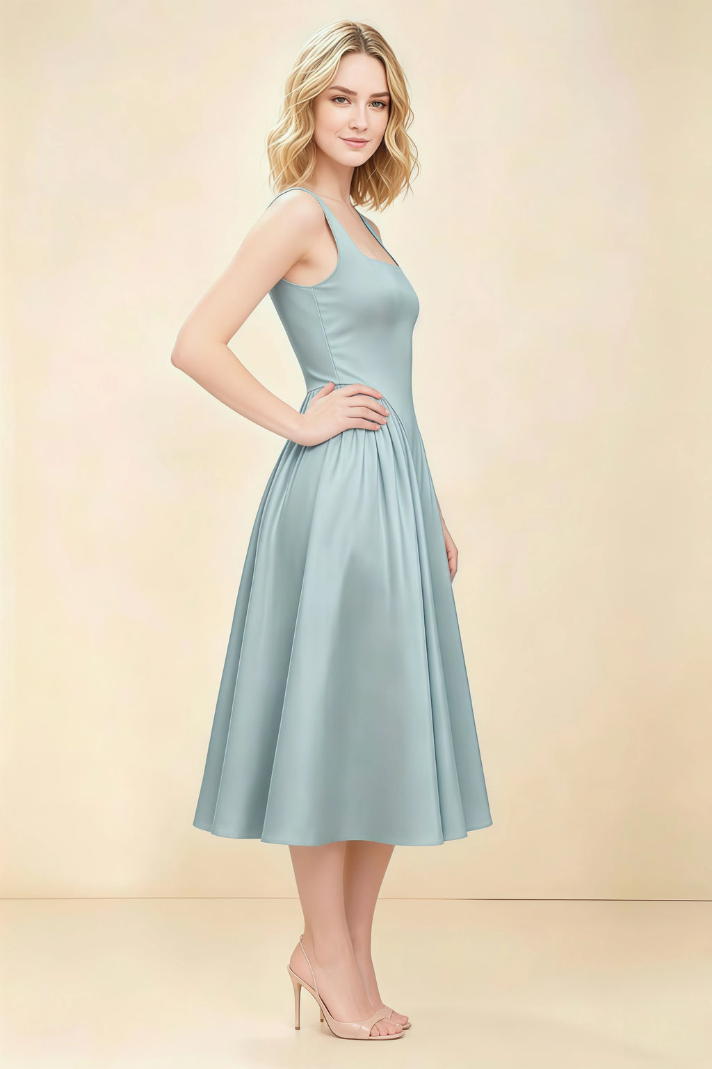 Anabelle Mist Sleeveless Square Neck Midi Dress