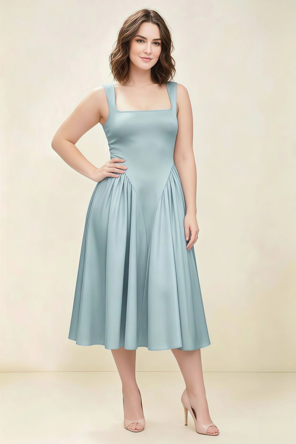 Anabelle Mist Sleeveless Square Neck Midi Dress