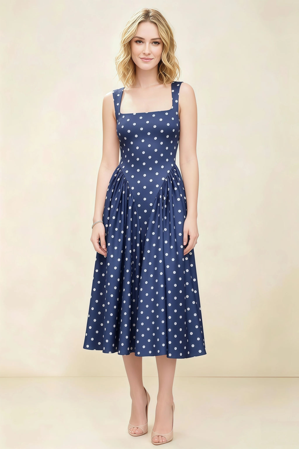 Anabelle Navy Polka Dot Sleeveless Square Neck Midi Dress