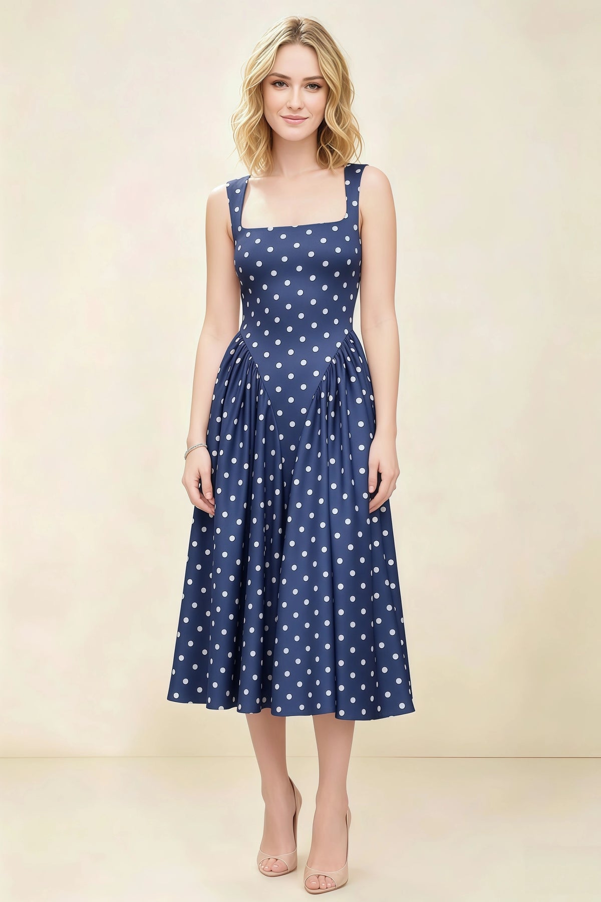 Anabelle Navy Polka Dot Sleeveless Square Neck Midi Dress Imagen principal del producto