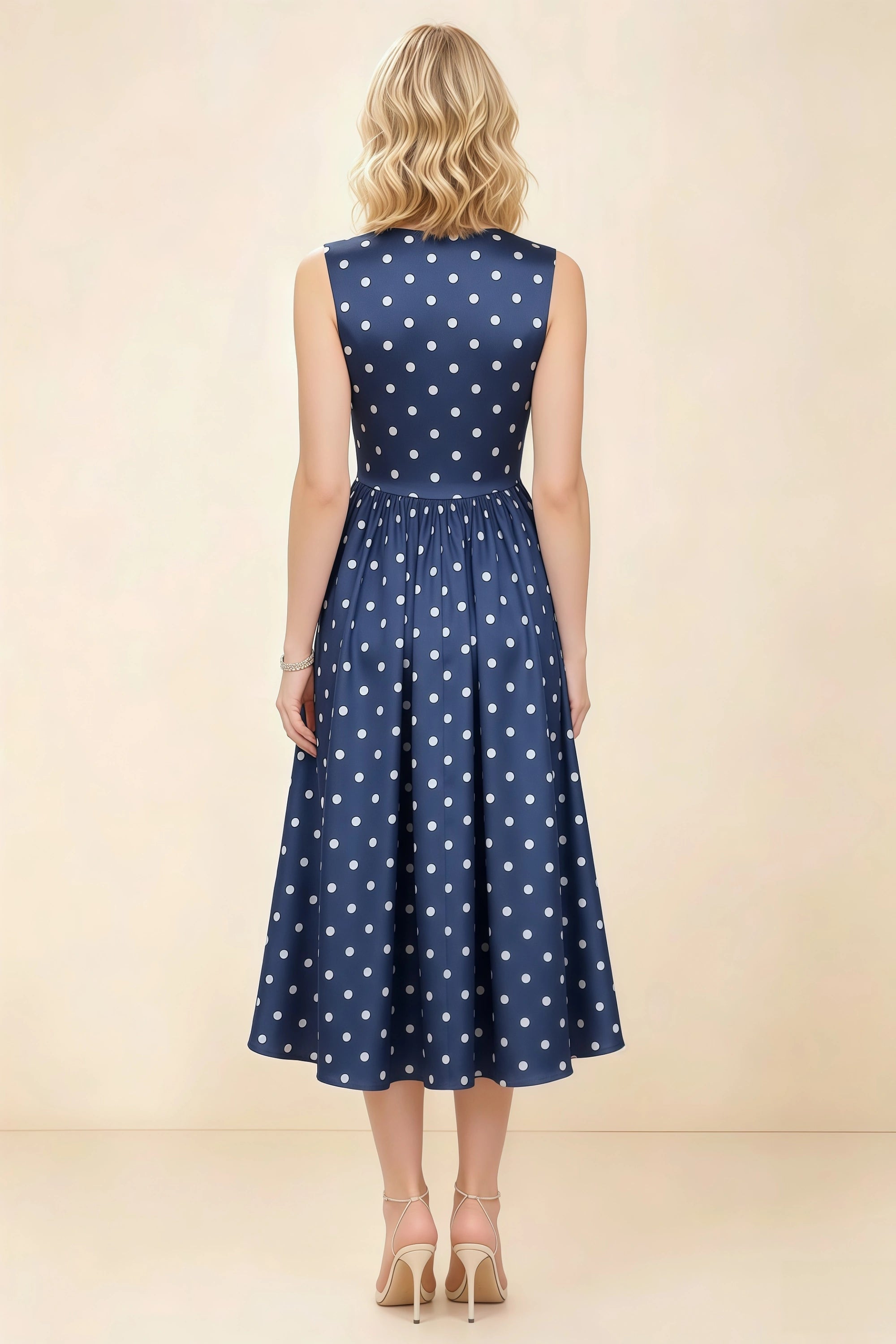 Anabelle Navy Polka Dot Sleeveless Square Neck Midi Dress Imagen secundaria del producto