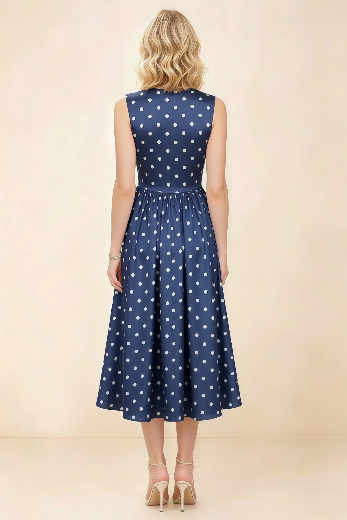 Anabelle Navy Polka Dot Sleeveless Square Neck Midi Dress