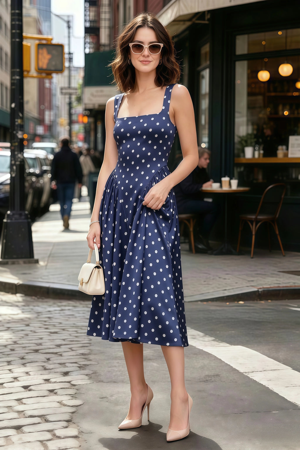 Anabelle Navy Polka Dot Sleeveless Square Neck Midi Dress