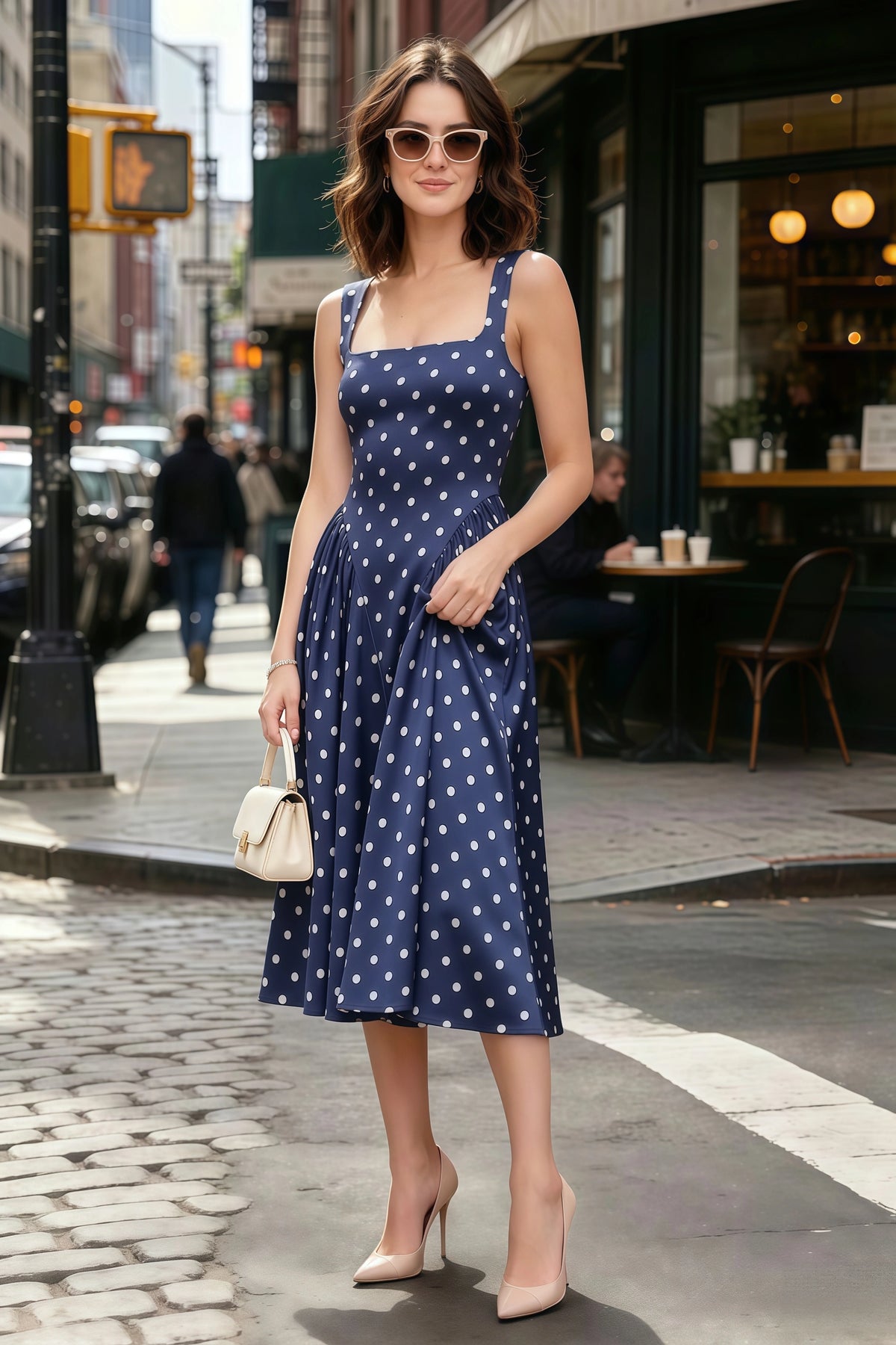 Anabelle Navy Polka Dot Sleeveless Square Neck Midi Dress