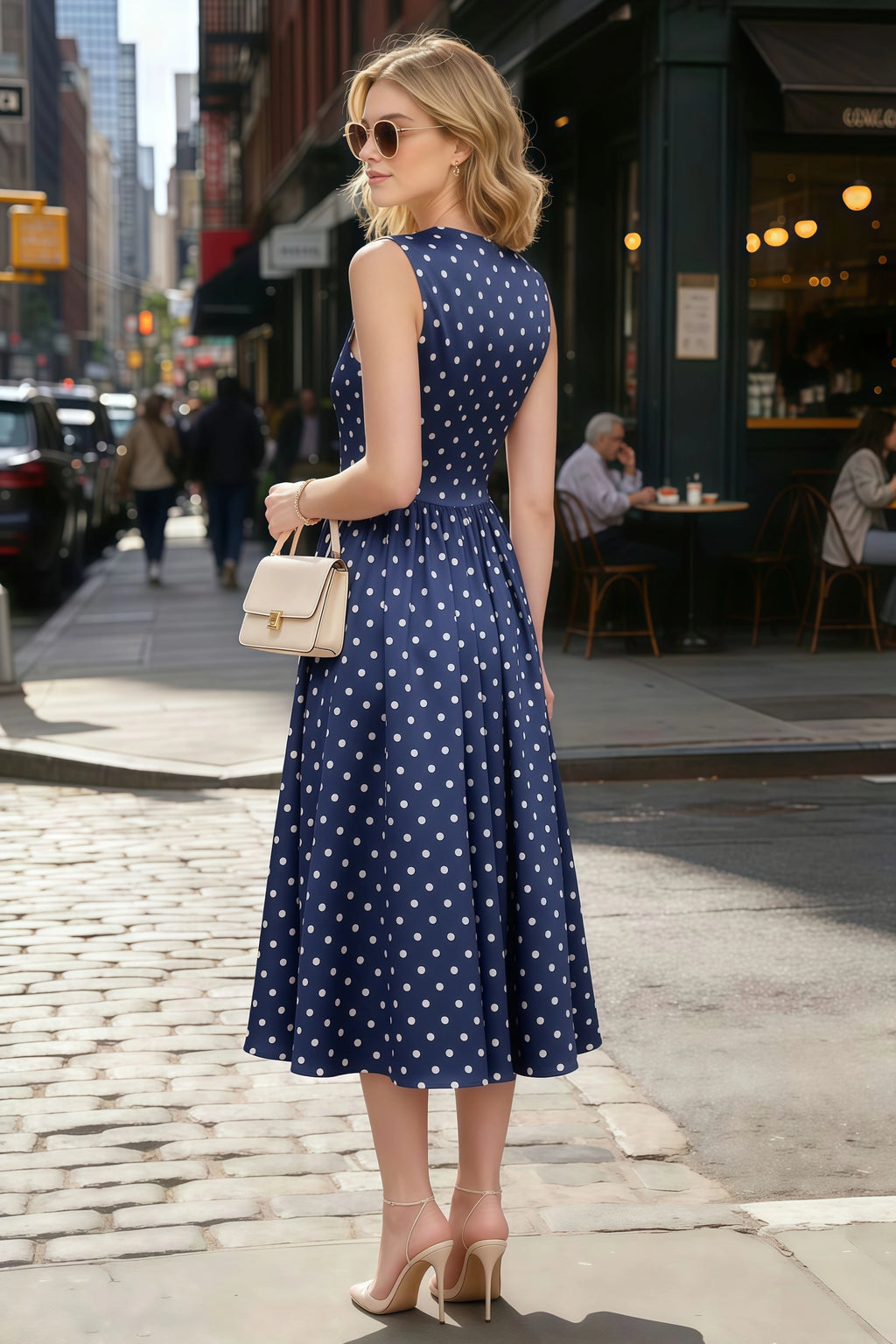 Anabelle Navy Polka Dot Sleeveless Square Neck Midi Dress