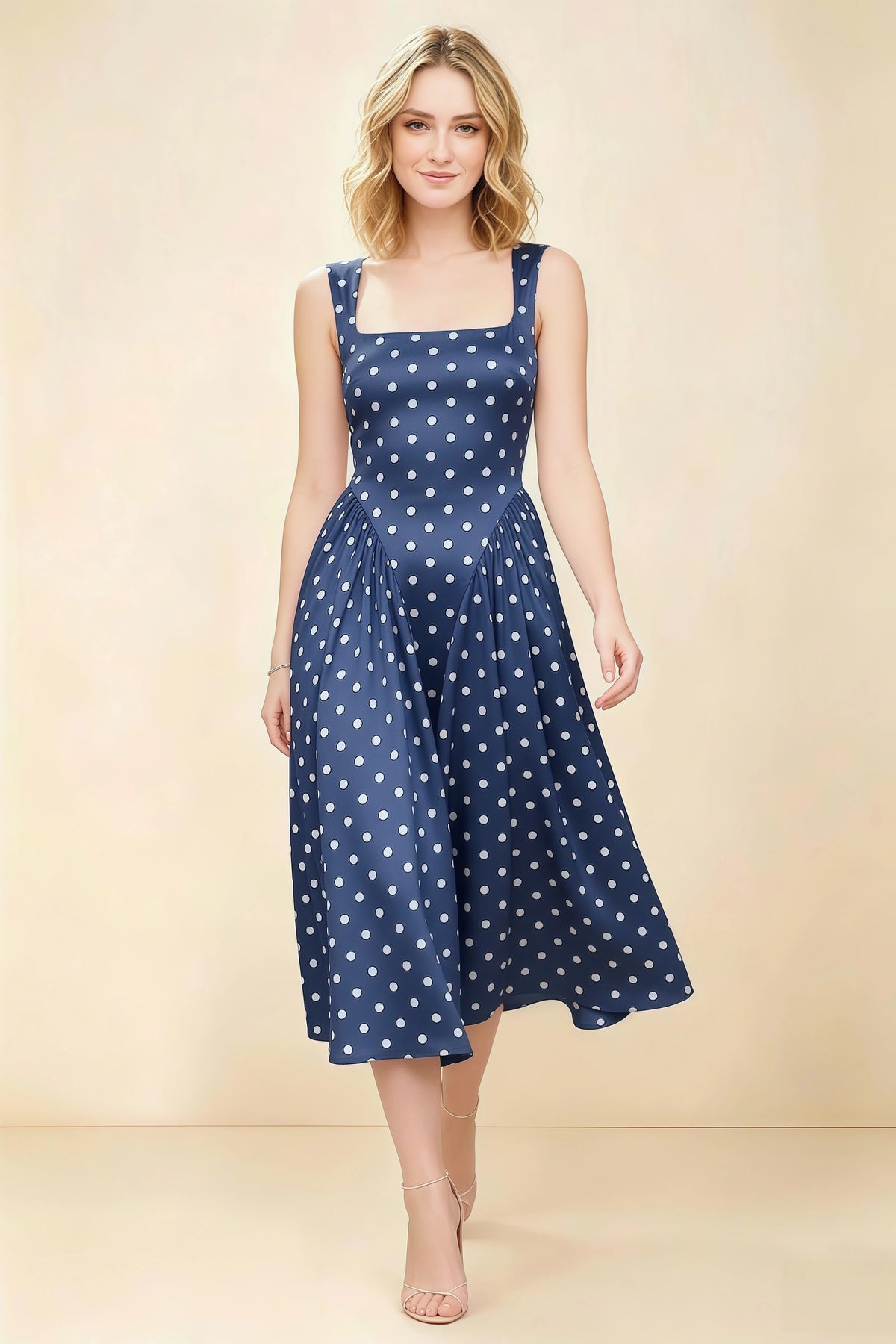 Anabelle Navy Polka Dot Sleeveless Square Neck Midi Dress