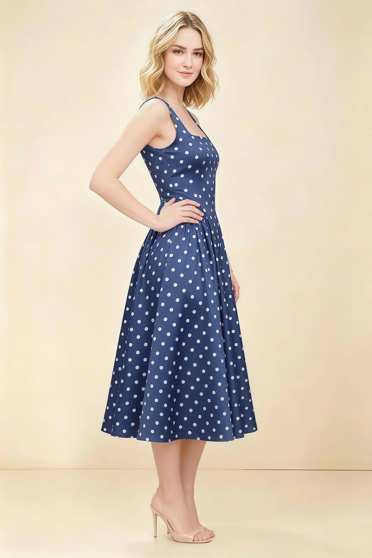 Anabelle Navy Polka Dot Sleeveless Square Neck Midi Dress