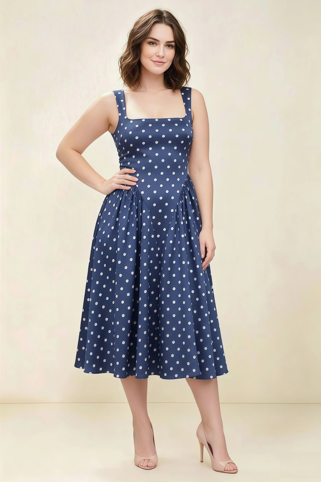 Anabelle Navy Polka Dot Sleeveless Square Neck Midi Dress