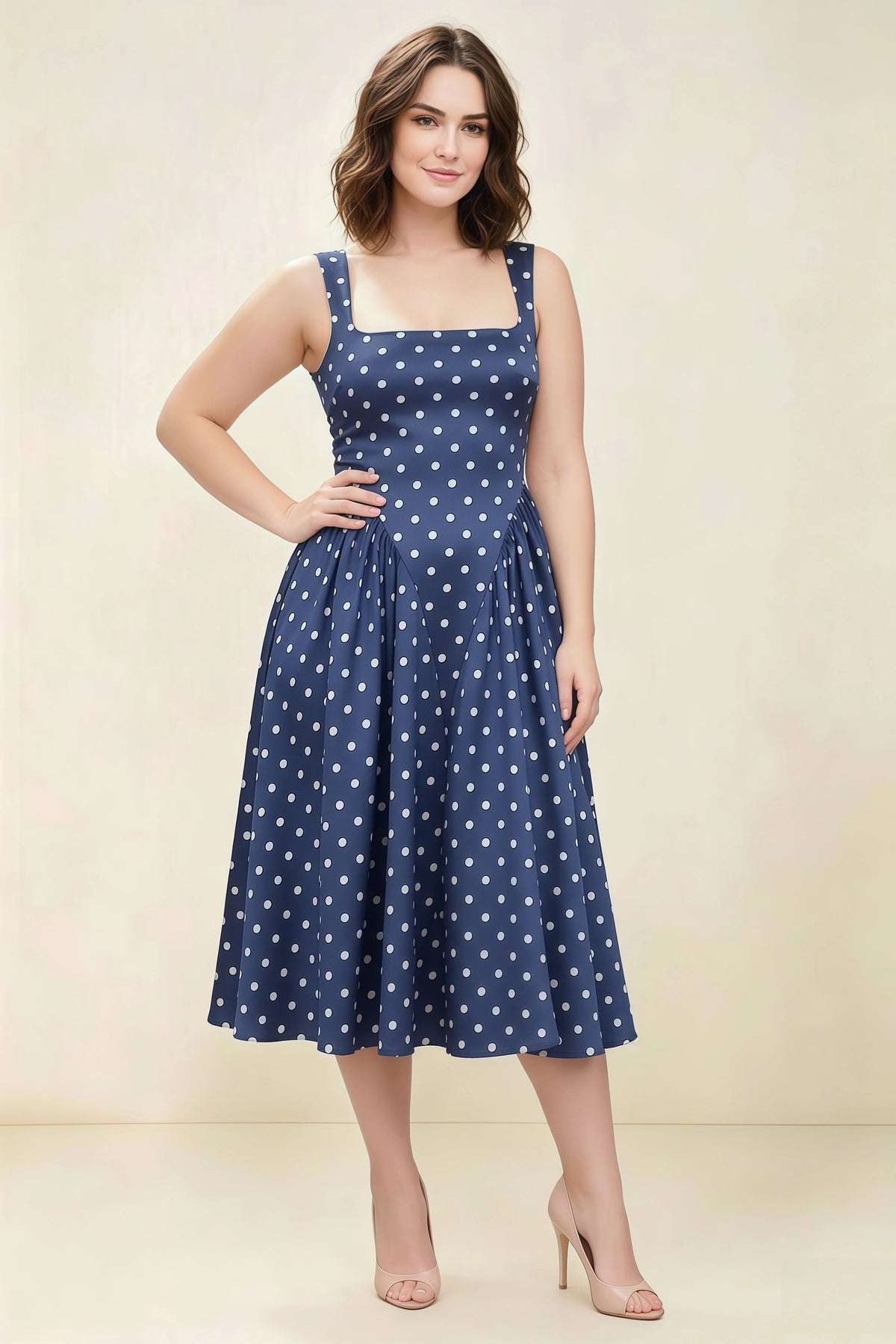 Anabelle Navy Polka Dot Sleeveless Square Neck Midi Dress