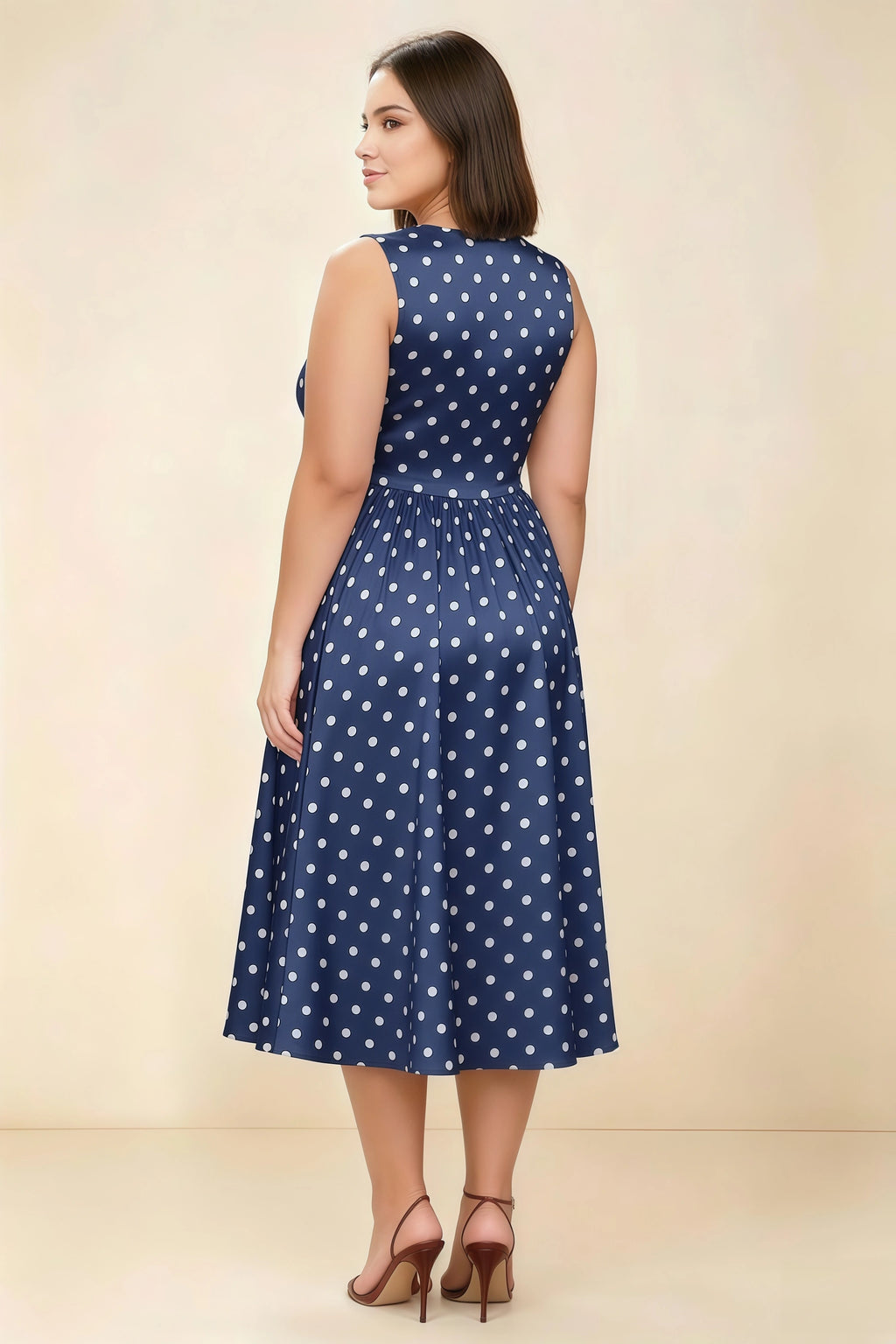 Anabelle Navy Polka Dot Sleeveless Square Neck Midi Dress