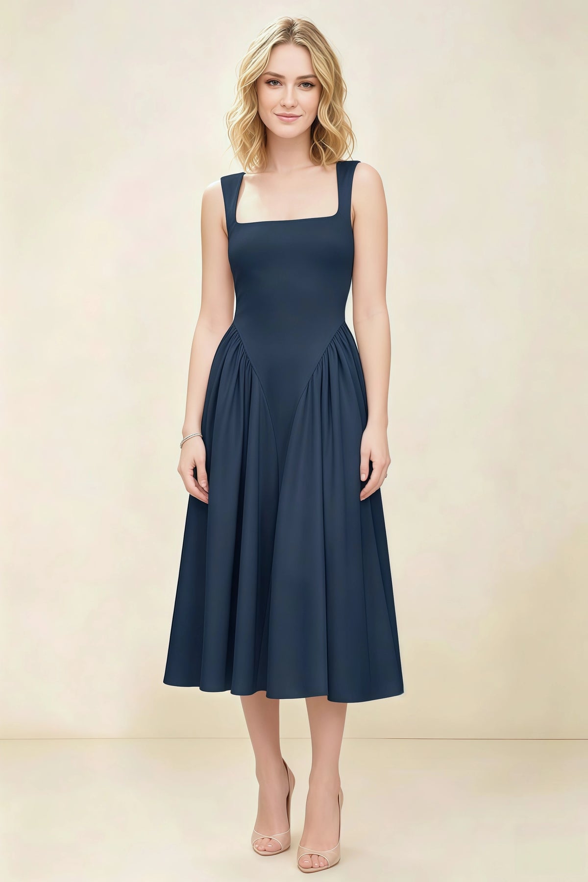Anabelle Navy Sleeveless Square Neck Midi Dress