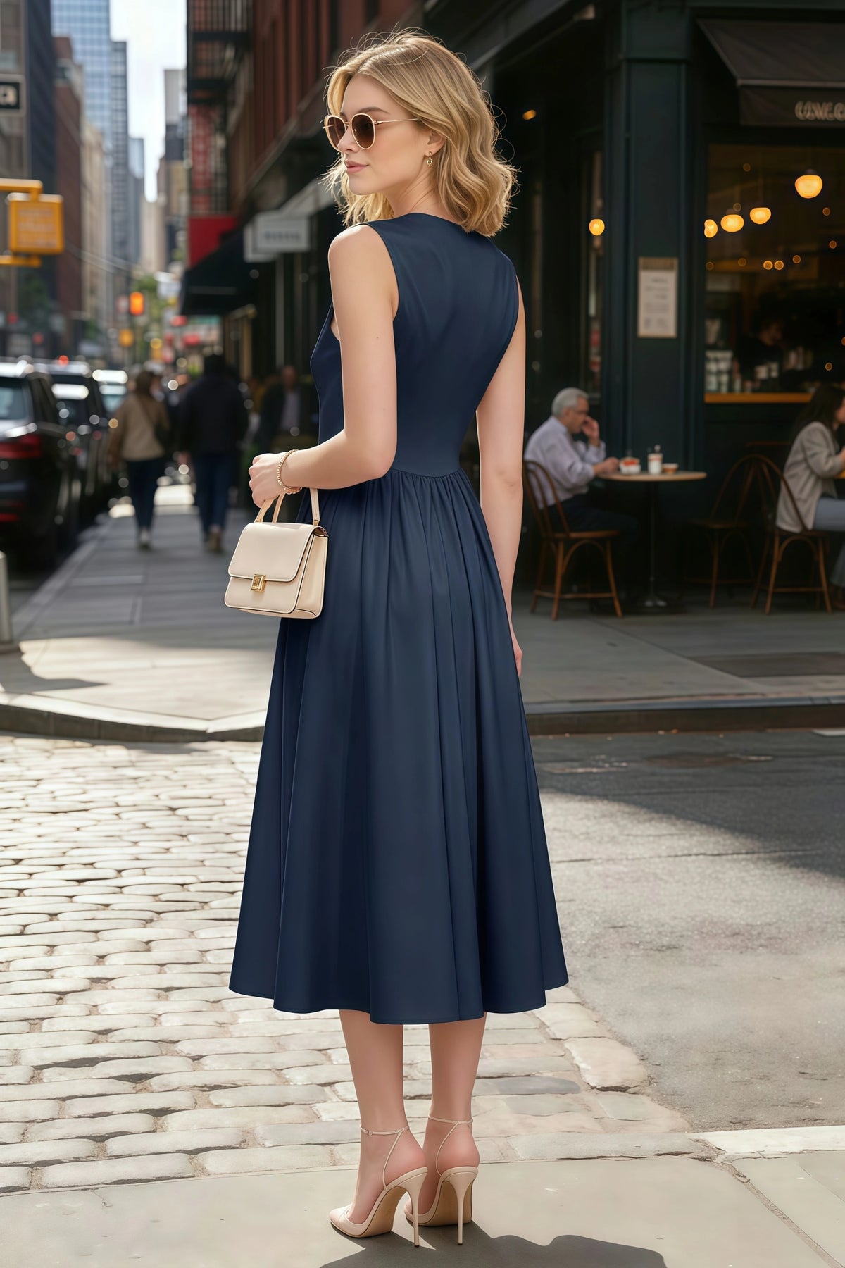 Anabelle Navy Sleeveless Square Neck Midi Dress