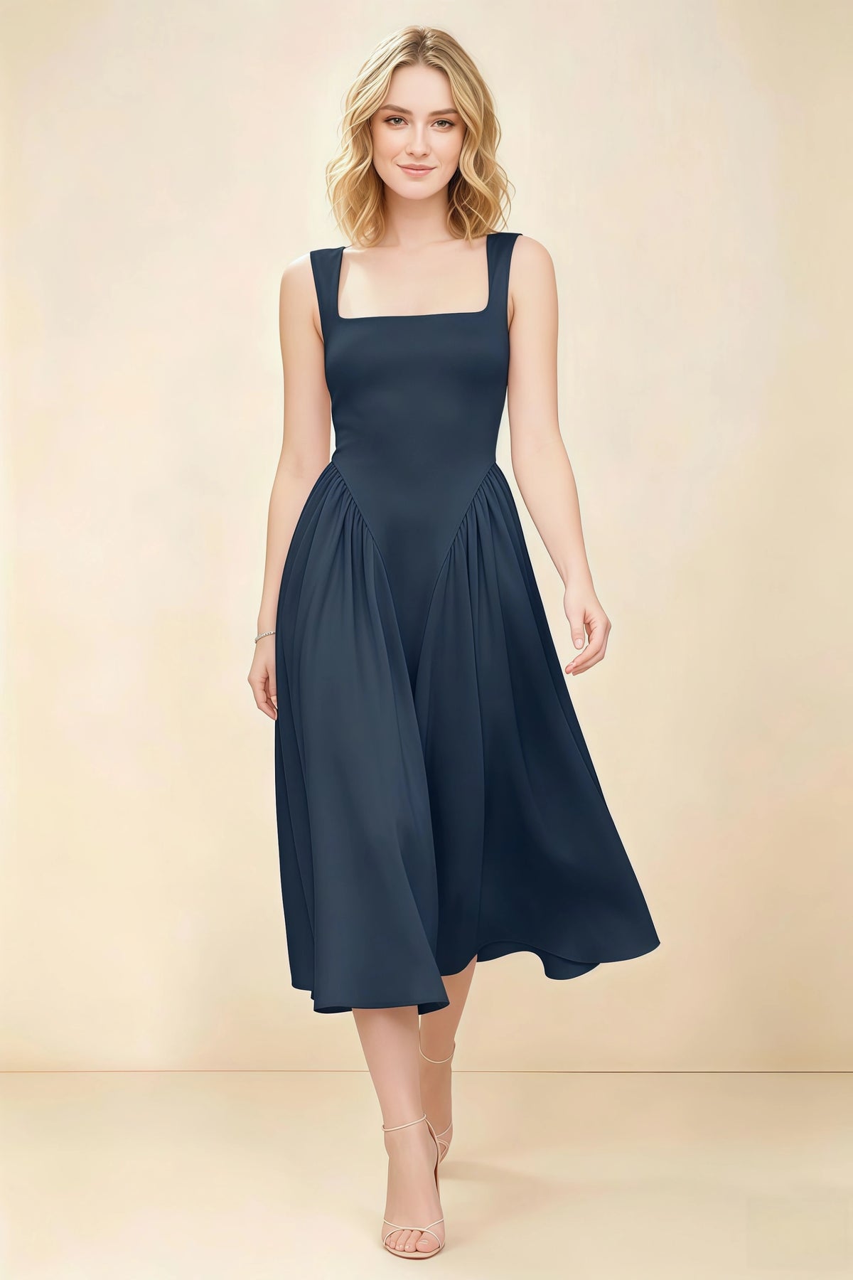 Anabelle Navy Sleeveless Square Neck Midi Dress