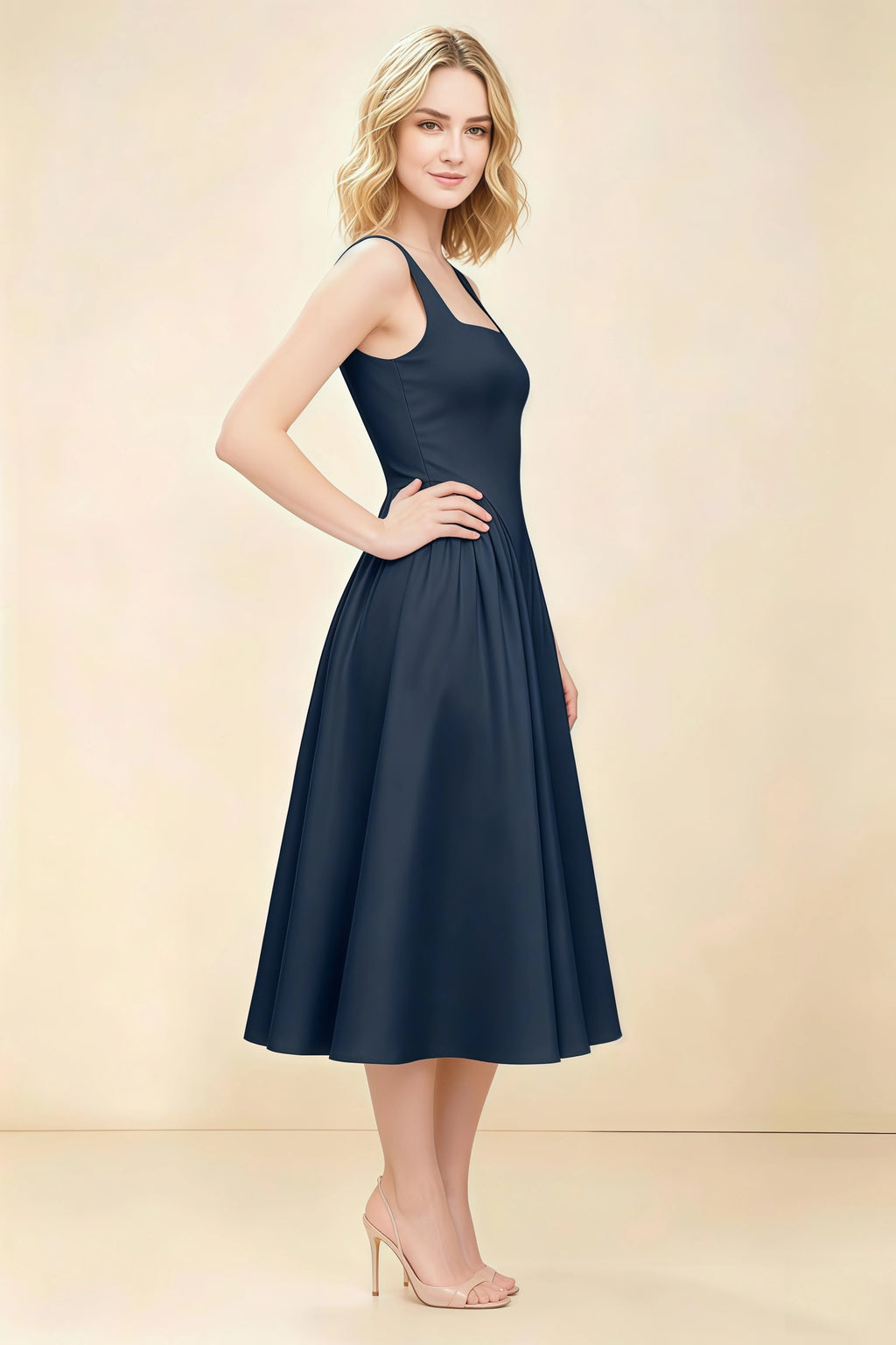 Anabelle Navy Sleeveless Square Neck Midi Dress