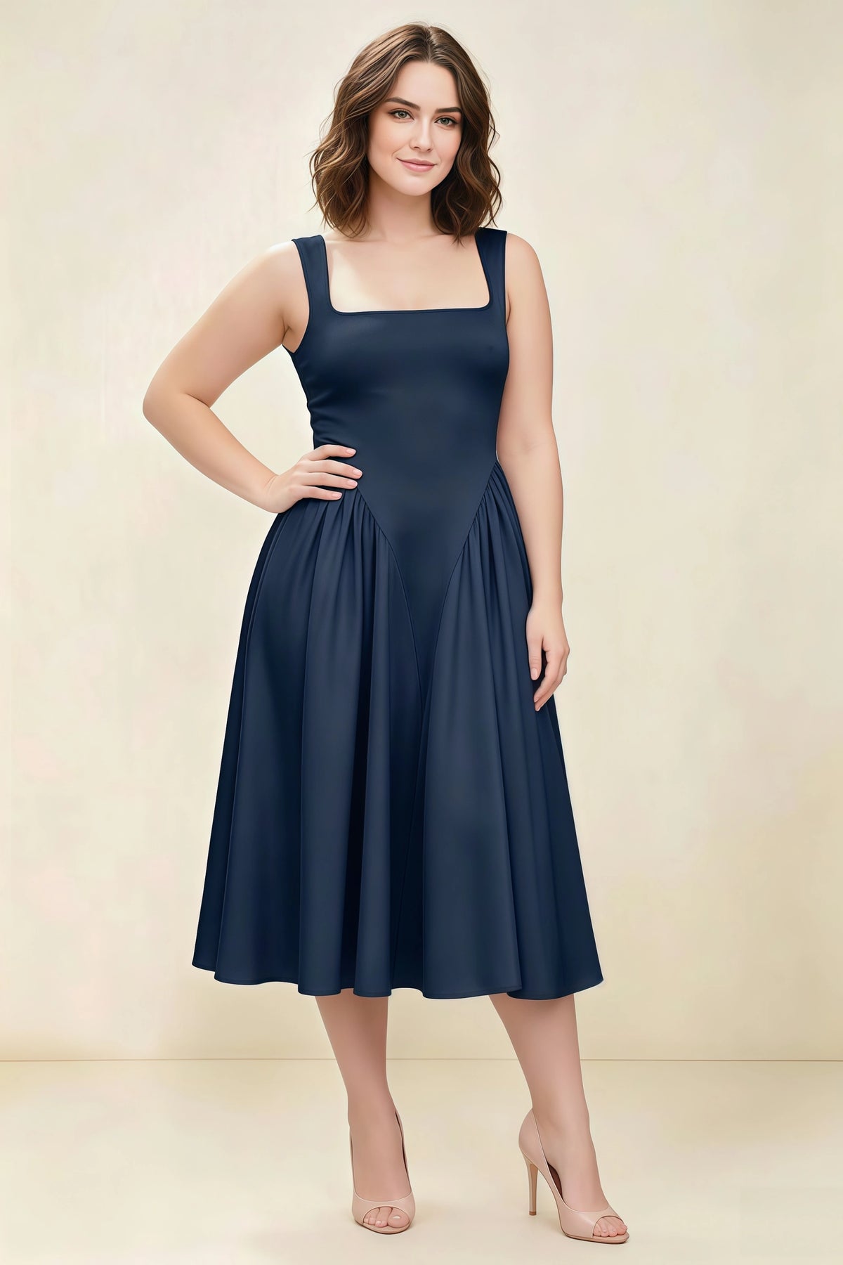 Anabelle Navy Sleeveless Square Neck Midi Dress