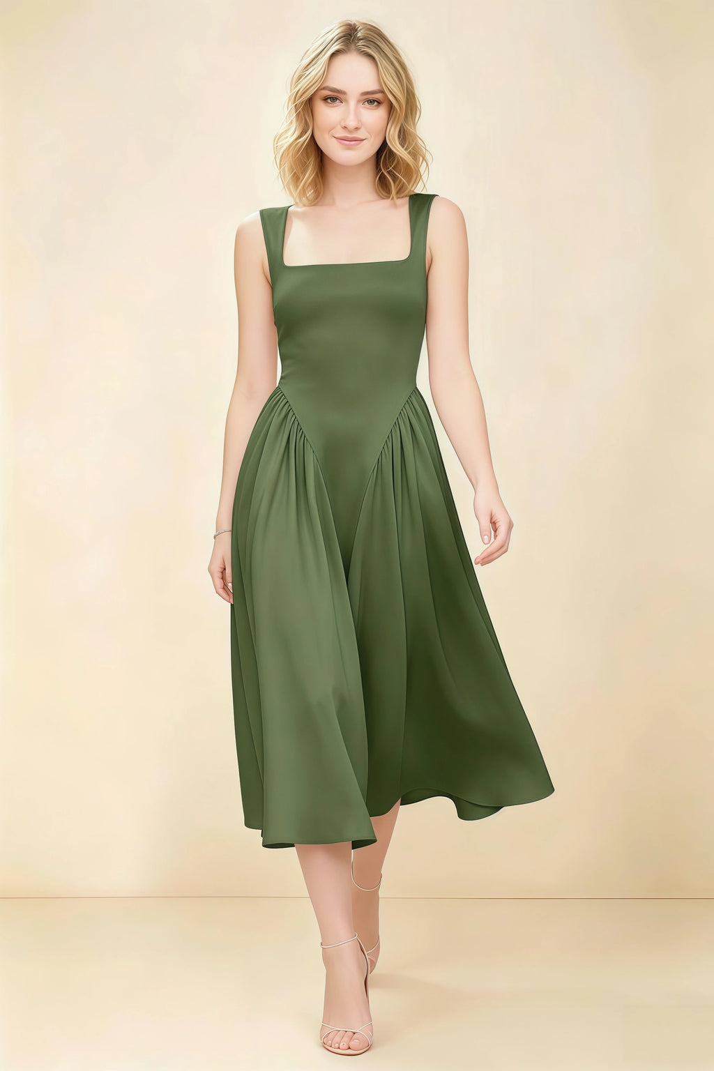 Anabelle Olive Sleeveless Square Neck Midi Dress