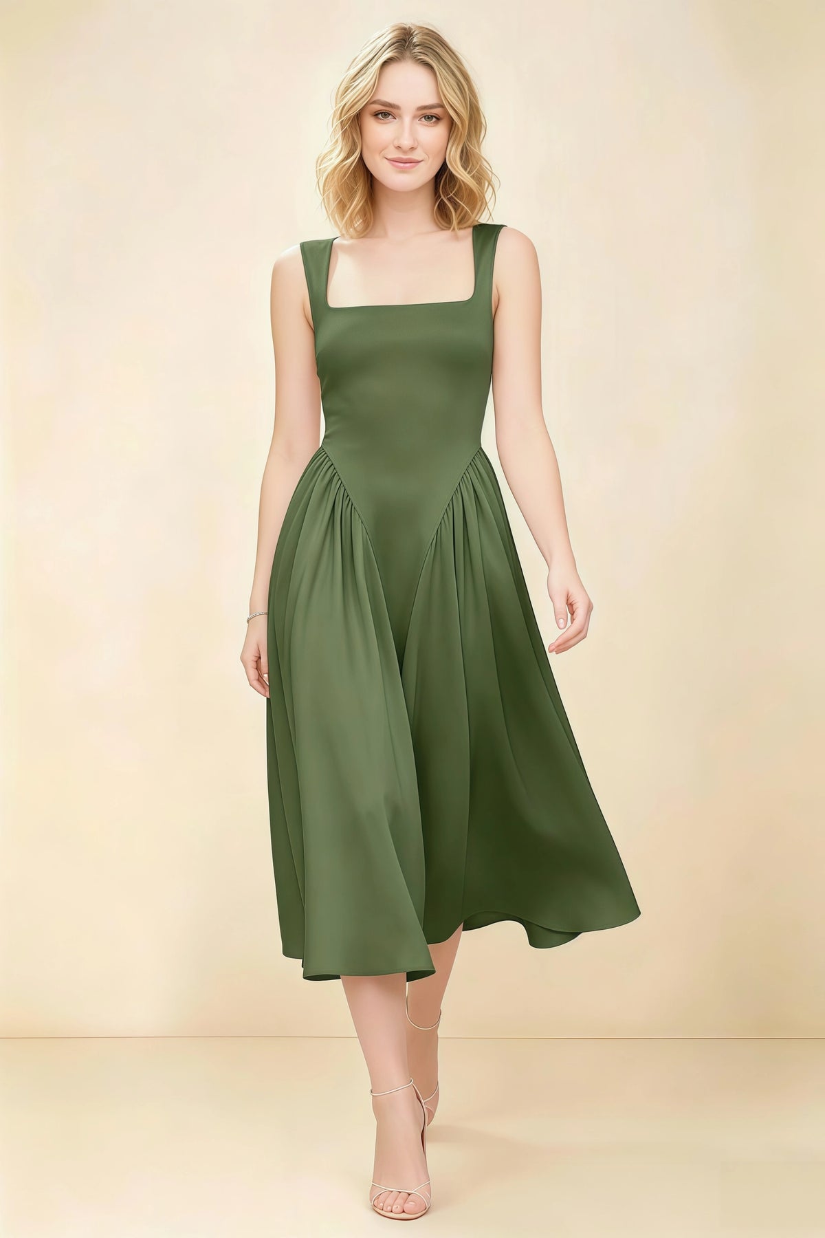 Anabelle Olive Sleeveless Square Neck Midi Dress