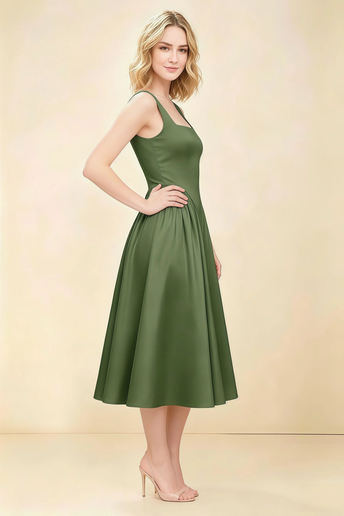 Anabelle Olive Sleeveless Square Neck Midi Dress
