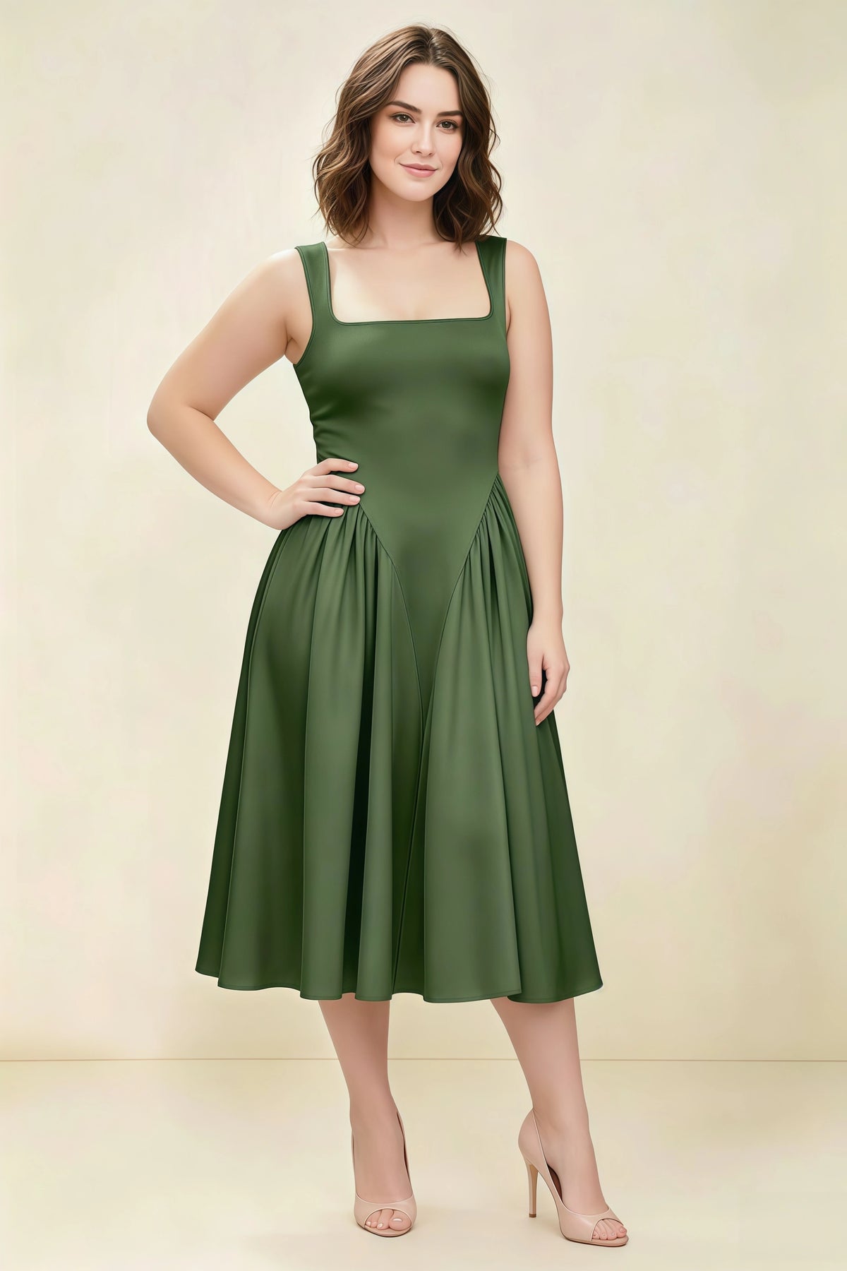 Anabelle Olive Sleeveless Square Neck Midi Dress